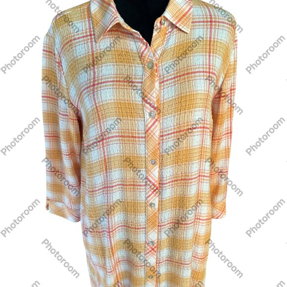 Susan Graver Multicolor Plaid Medium 3/4 Sleeve Button Shirt with Pockets - Picture 1 of 6